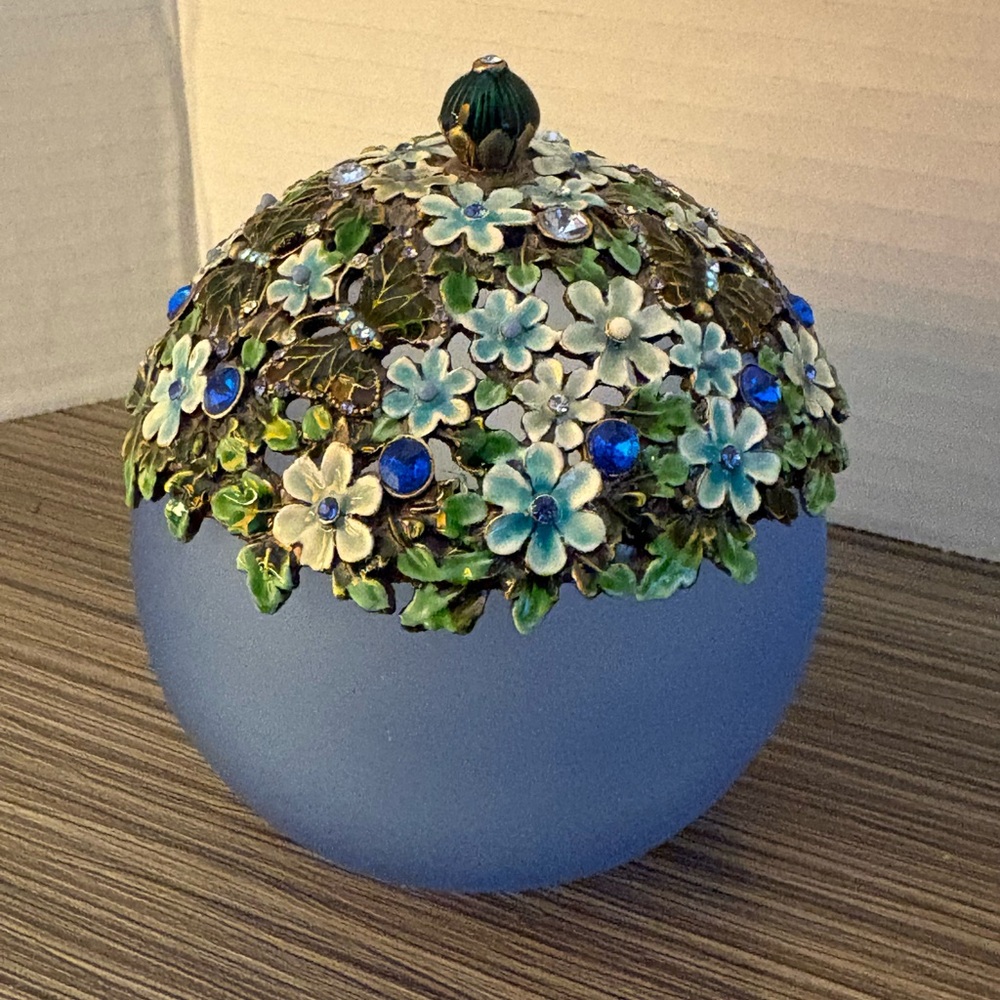 Enamel Crystal Jewelled Butterfly Glass Jar Blue Frosted Glass Bottle Vanity